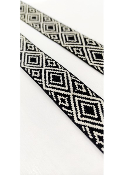 Siyah Krem Geometrik Desen Etnik Dar Dokuma Şerit indirimleri