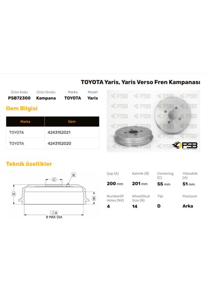 Fren Kampanası Arka 200MM Toyota Yarıs 1999-2005 Oem Kodu - 42431-52021-PSB72300