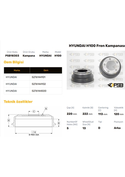 Fren Kampanası Arka 220MM Hyundaı H100 Kmyt 1993- Oem Kodu - 52761-44500-PSB18303
