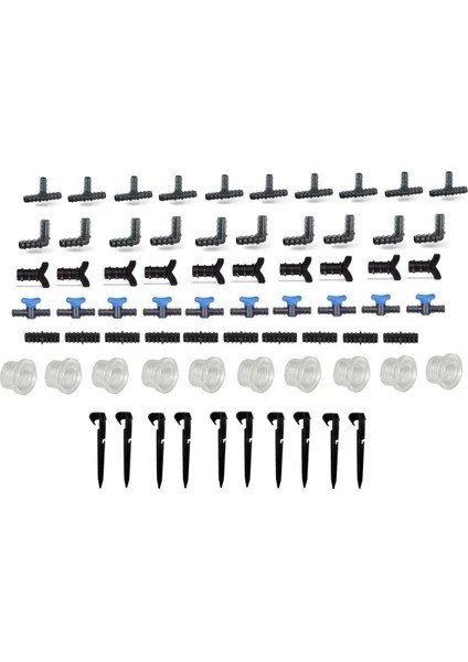 Damlama Sulama Ek Parçaları Aparatları Karışık Set/ Te+Dirsek+Conta+Vana+Nipel+Tapa+Kazık x 10 Adet
