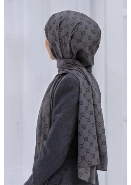 Lüks Medine İpeği Monogram Desenli Füme Renkli Kırışmaz Şal 75X195 cm Moss Krep Dikiş Tipi