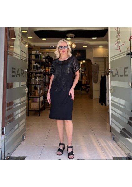 Şifon Detaylı Baskılı Çizgilive Payet Garnili Elbise fiyatları