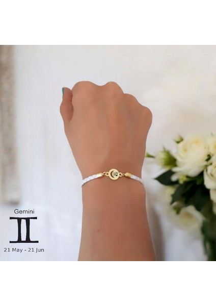 14 Ayar Plakalı Altın Ikizler Burçlarına Özel Doğal Beyaz Derili Ay Motifli Hediye BILEKLIK-477BURÇ