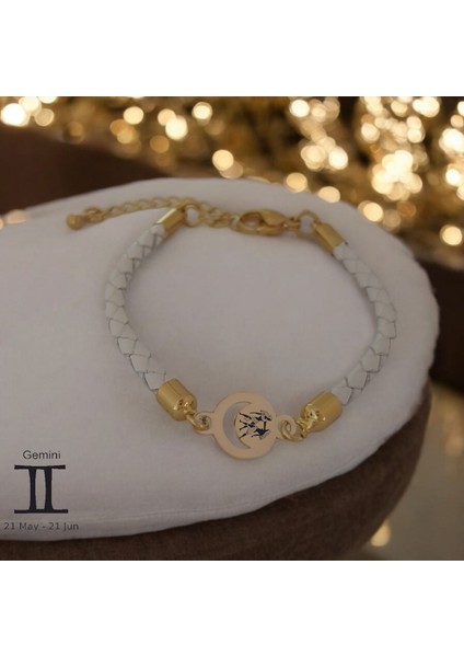 14 Ayar Plakalı Altın Ikizler Burçlarına Özel Doğal Beyaz Derili Ay Motifli Hediye BILEKLIK-477BURÇ fiyatları