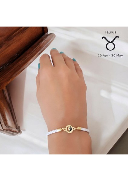 Altın Plakalı 14 Ayar Boğa Burçlarına Özel Ay Motifli Doğal Beyaz Derili Hediye BILEKLIK-477BURÇ