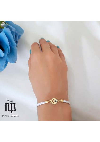 14 Ayar Altın Plakalı Başak Burçlarına Özel Doğal Beyaz Derili Ay Motifli Hediye BILEKLIK-477BURÇ