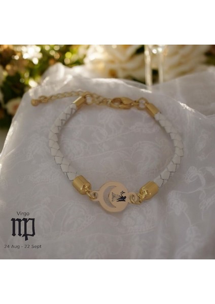 14 Ayar Altın Plakalı Başak Burçlarına Özel Doğal Beyaz Derili Ay Motifli Hediye BILEKLIK-477BURÇ fiyatları