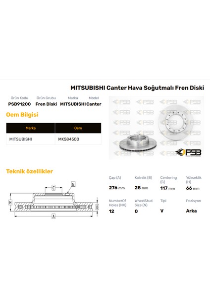 Fren Diski Arka 276MM Mıtsubıshı Fuso Canter 3.0 2010- Oem Kodu - MK584500-PSB91200