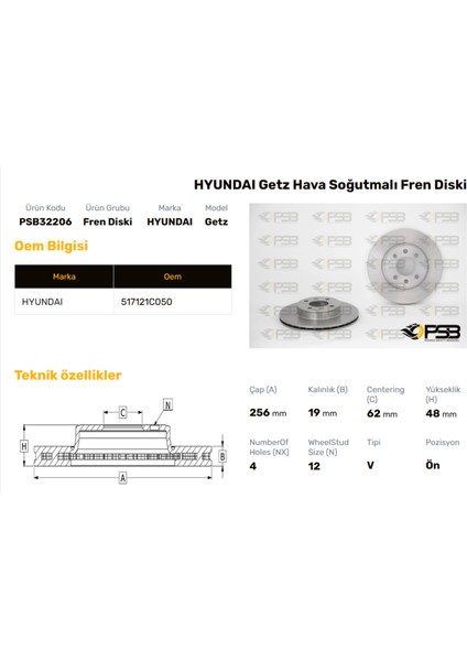 Fren Diski Ön 256MM Hyundaı Getz 1.5 Crdı 2002- Oem Kodu - 51712-1C050-PSB32206