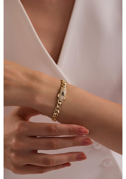 14 Ayar 7 mm Taşlı Gurmet Zincir Bileklik (Taşlı Kilit)