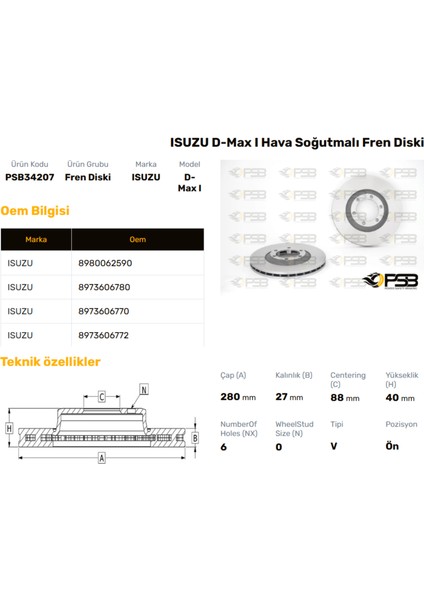Fren Diski Ön 280MM Isuzu D-Max 2.5 Td Dıtd 4WD 2003- Oem Kodu - 8980062590-PSB34207