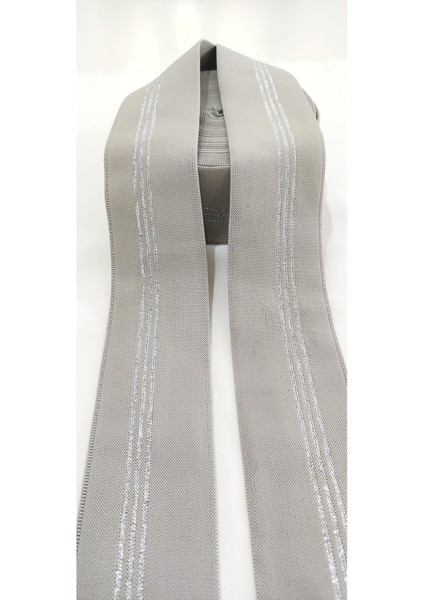 Ekru Gri Gümüş Simli Desen Lastik Şerit