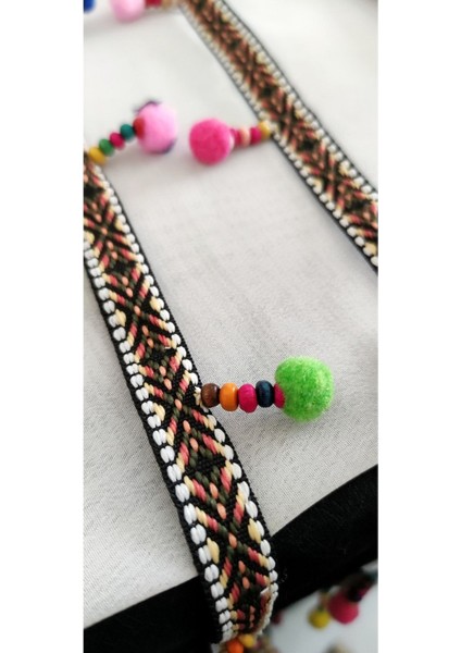 Kahve Etnik Şeritli Boncuk Işlemeli Ponponlu Şerit