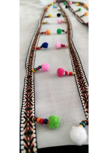 Kahve Etnik Şeritli Boncuk Işlemeli Ponponlu Şerit fiyatları