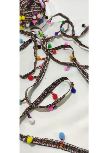 Kahve Etnik Şeritli Boncuk Işlemeli Ponponlu Şerit modelleri