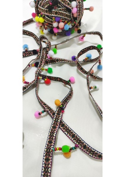 Kahve Etnik Şeritli Boncuk Işlemeli Ponponlu Şerit indirimleri