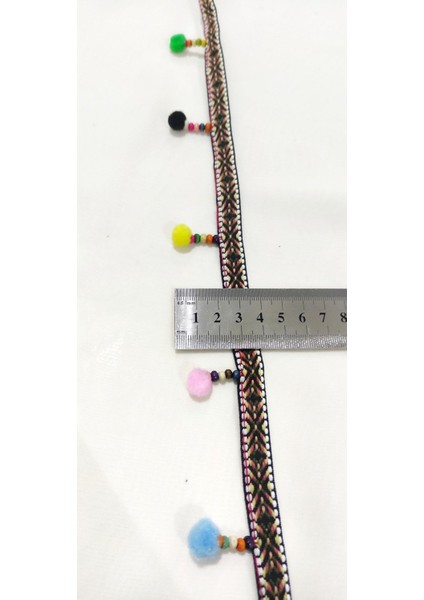 Kahve Etnik Şeritli Boncuk Işlemeli Ponponlu Şerit