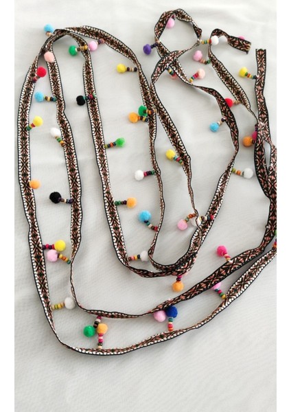 Kahve Etnik Şeritli Boncuk Işlemeli Ponponlu Şerit