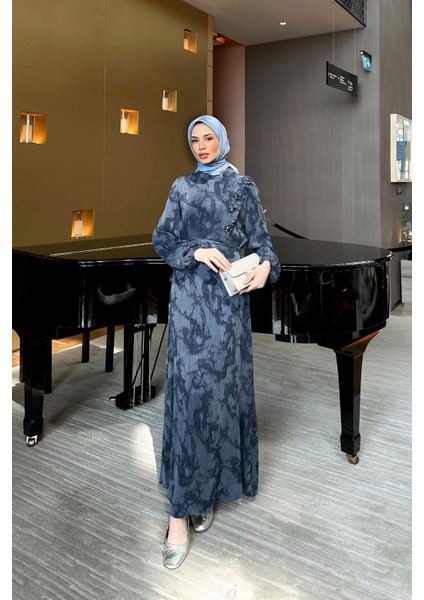 Lacivert Fırfır Detaylı Cupra Elbise