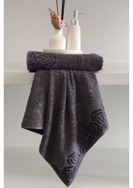 2'li Jakarlı Yaprak Desenli %100 Pamuk El Yüz HAVLUSU-50X90CM-ANTRASIT