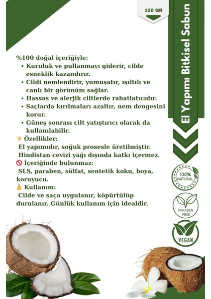 El Yapımı Doğal Hindistan Cevizi Sabunu 120 gr – Cildi Nemlendiren ve Yumuşatan Bitkisel Sabun modelleri