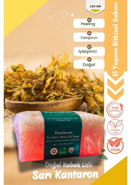 Kabak Lifli Sarı Kantaron Sabunu 120 gr – Doğal Peeling ve Besleyici El Yapımı Sabun