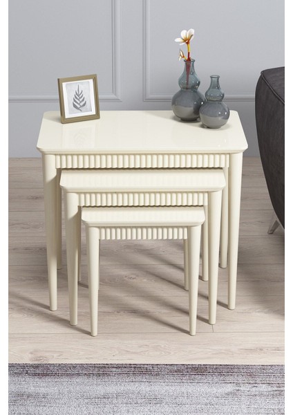 Elegance Krem Mdf Lake Boyalı Tabla Gürgen Ayaklı 3 Lü Zigon Sehpa Takımı Çay Sehpası Servis Sehpası