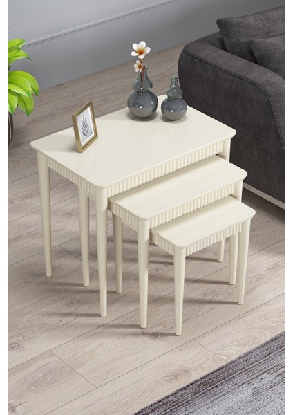 Elegance Krem Mdf Lake Boyalı Tabla Gürgen Ayaklı 3 Lü Zigon Sehpa Takımı Çay Sehpası Servis Sehpası fiyatları