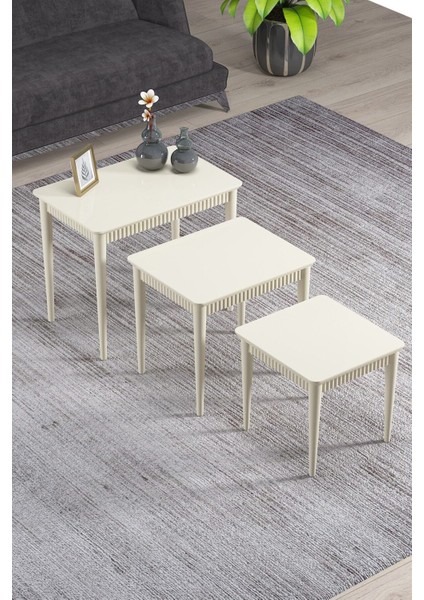 Elegance Krem Mdf Lake Boyalı Tabla Gürgen Ayaklı 3 Lü Zigon Sehpa Takımı Çay Sehpası Servis Sehpası modelleri