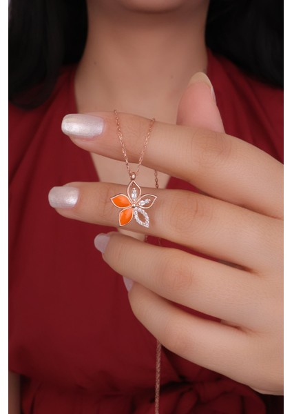 925 Ayar Gümüş Turuncu Mineli Lotus Çiçeği Model Rose Renk Kadın Kolye