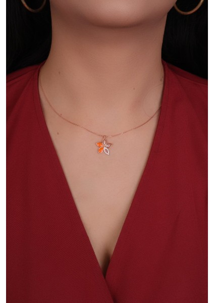925 Ayar Gümüş Turuncu Mineli Lotus Çiçeği Model Rose Renk Kadın Kolye fiyatları
