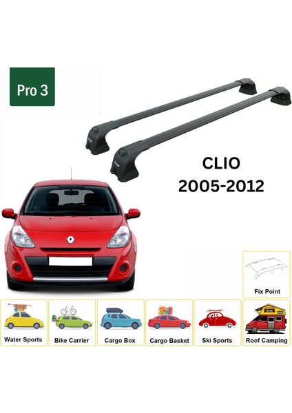 Renault Clio 2005-2012 Roof Rack System, Aluminium Cross Bar, Metal Bracket, Fix Point, Siyah fiyatları