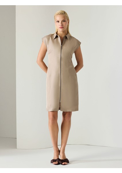 Keten Kumaş Fermuar Detaylı Kısa Elbise