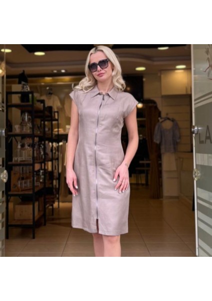Keten Kumaş Fermuar Detaylı Kısa Elbise modelleri