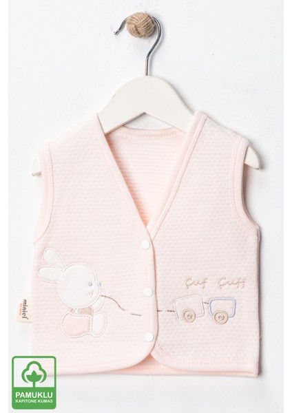 Unisex Bebek Çuf Çuf Tavşan Nakışlı Organik Pamuklu 0-9 Ay Kapitone Bebek Yelek