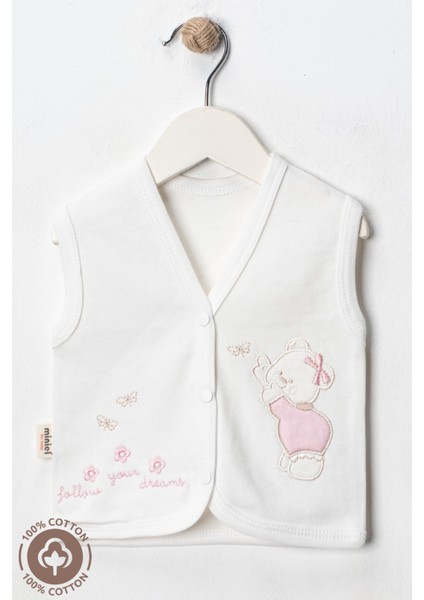 Kız Bebek Ayıcık Nakışlı Organik Pamuklu 0-9 Ay Penye Bebek Yelek