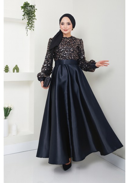 Kadın Giyim Abiye Moda Pul Detaylı Saten Abiye 2537