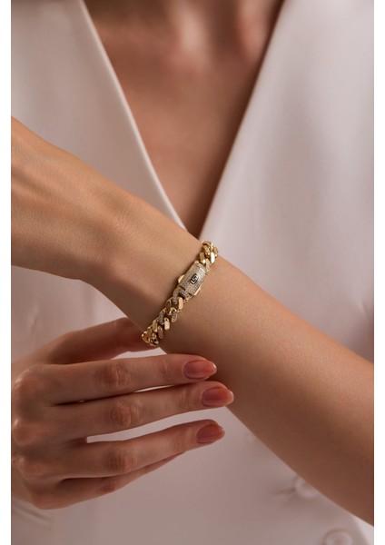 14 Ayar 9 mm Taşlı Gurmet Zincir Bileklik (Taşlı Kilit)