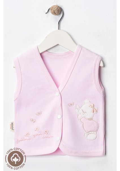 Kız Bebek Ayıcık Nakışlı Organik Pamuklu 0-9 Ay Penye Bebek Yelek