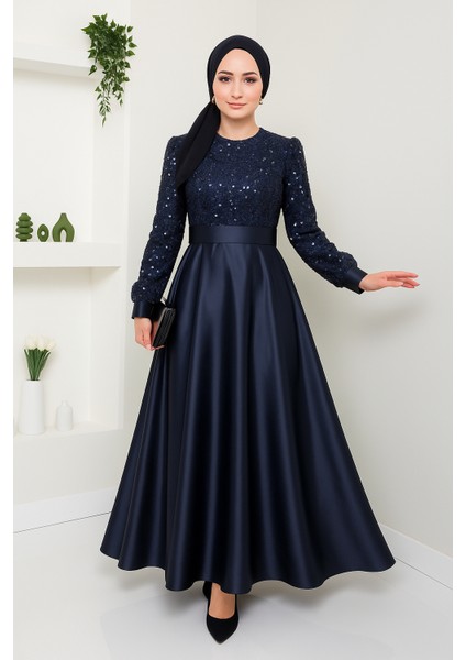 Kadın Giyim Abiye Moda Pul Detaylı Saten Abiye 2537
