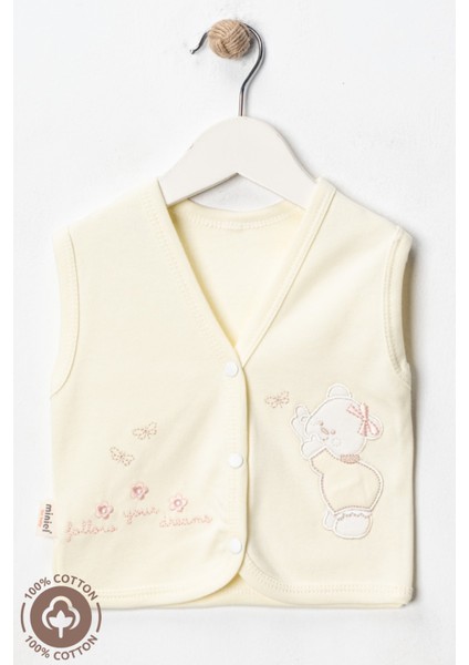Kız Bebek Ayıcık Nakışlı Organik Pamuklu 0-9 Ay Penye Bebek Yelek