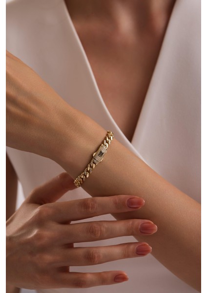 14 Ayar 6 mm Taşlı Gurmet Zincir Bileklik (Taşlı Kilit)