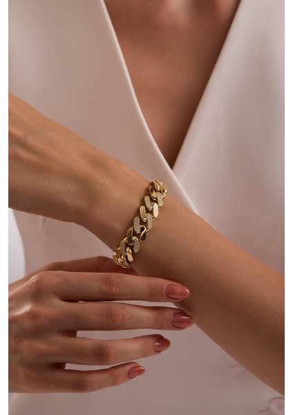 14 Ayar 13 mm Taşlı Gurmet Zincir Bileklik (Taşlı Kilit) modelleri