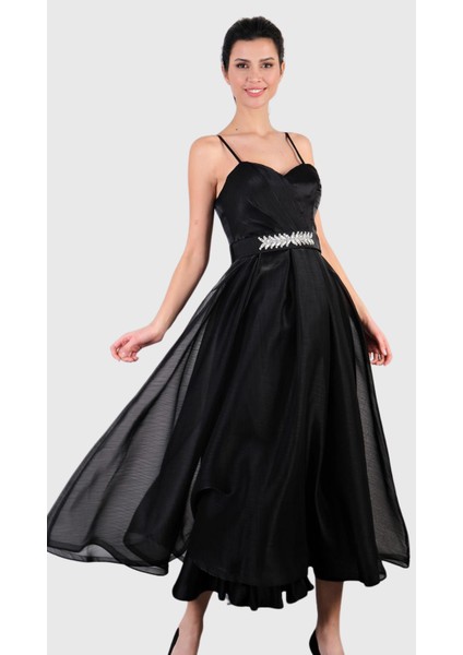 Devaney Kalp Yaka İnce Askılı Taşlı Kemerli Uzun Abiye Elbise SİYAH fiyatları