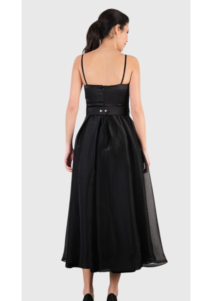 Devaney Kalp Yaka İnce Askılı Taşlı Kemerli Uzun Abiye Elbise SİYAH fırsatları