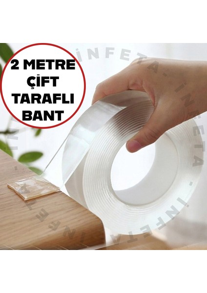2 Metre Çift Taraflı Şeffaf Doku Bandı-Çift Taraflı Bant Nano Teknolojili Süper Güçlü Bant
