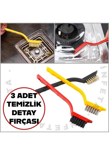 3 Adet Tel Uçlu Detaylı Temizlik Fırçası-Mutfak Banyo Araba Ocak Temizlik Fırçası