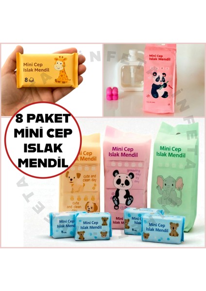 Sevimli Mini Cep Islak Mendil 1 Adet 8 Mini Paketli 64 Yapraklı Mendil