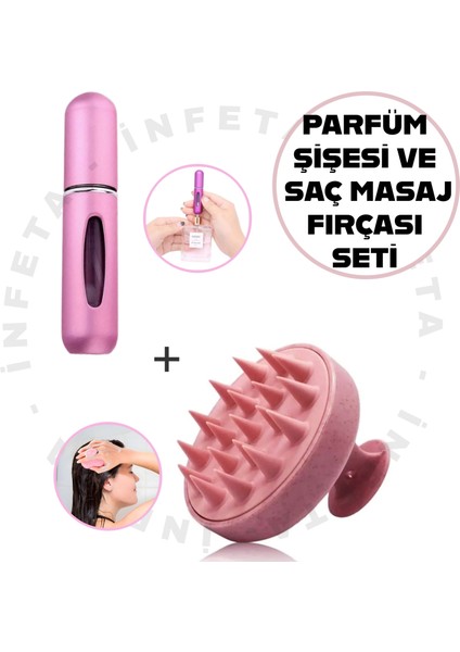 2'li Bakım Set-Silikon Saç Derisi Masaj Duş Fırçası ve Mini Doldurulabilir Parfüm Şişesi