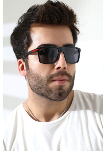 Erkek Siyah Kare Aksesuarlı Polarize Güneş Gözlüğü 23059 C2 P